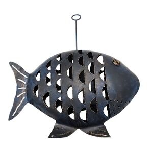 Rustic Metal Fish Candle Holder Lantern Handcrafted Indonesian Folk Art 13x9"